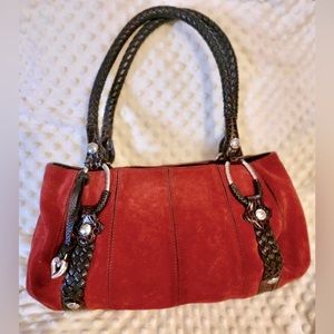 Brighton Red Suede Leather Braided Top Handle Handbag